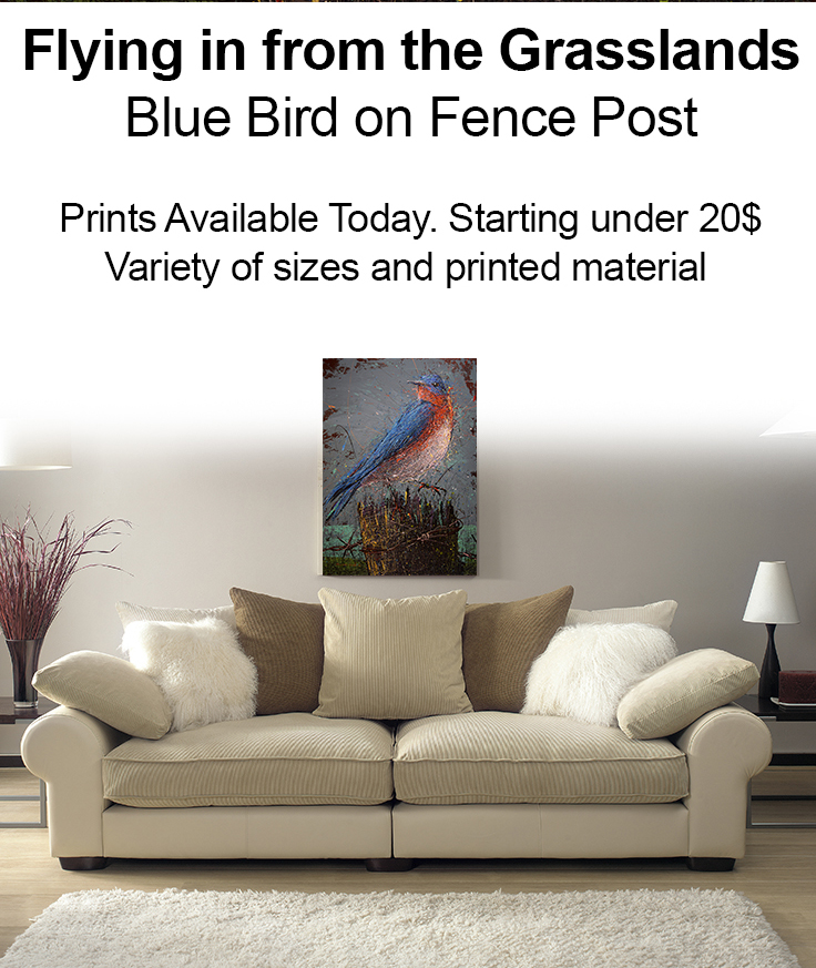 blue bird on fence post painting- michael glass ad