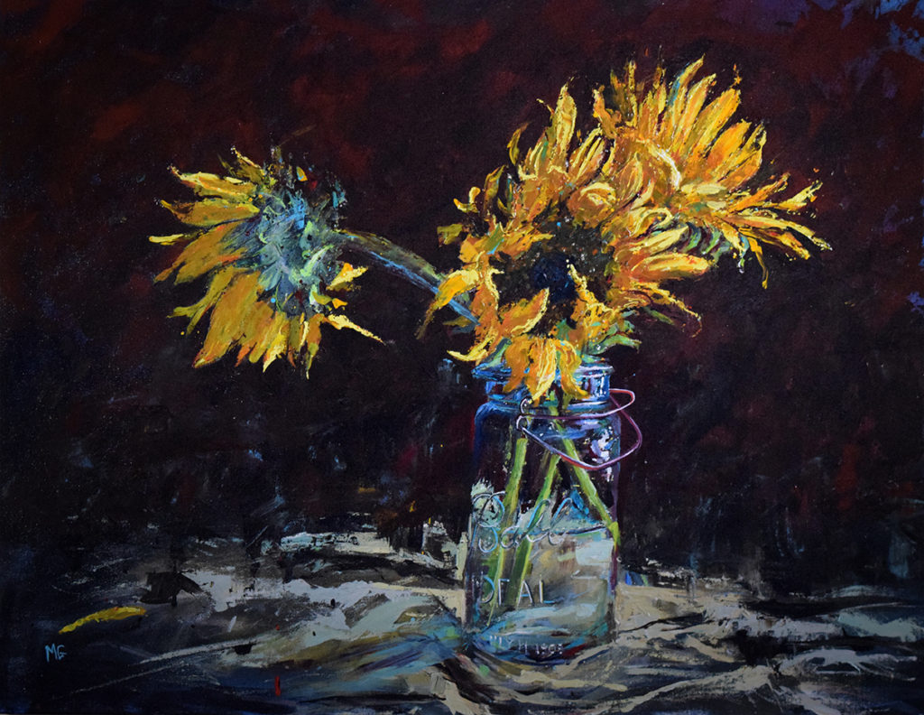 Sunflower, Blue Mason Jar.  40x30" Acrylic
